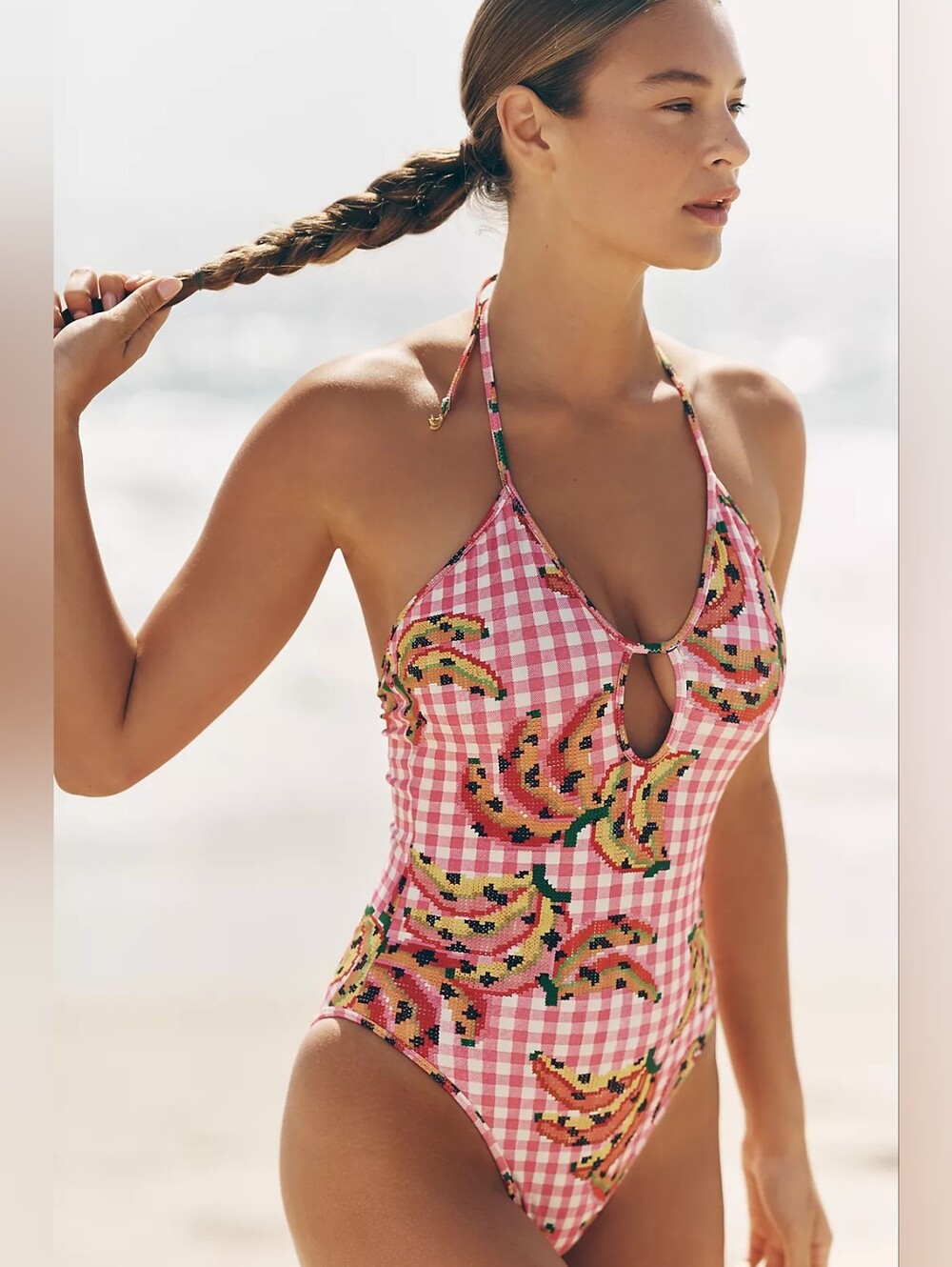❣️🪷NWT Farm Rio x Anthropologie Reversible One-Piece Swimsuit In Banana Vichy🌙